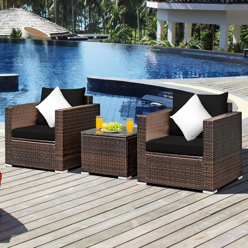 

3 Pieces Patio Furniture Set, Outdoor Conversation Rattan Furniture Set w/Washable Cushion
