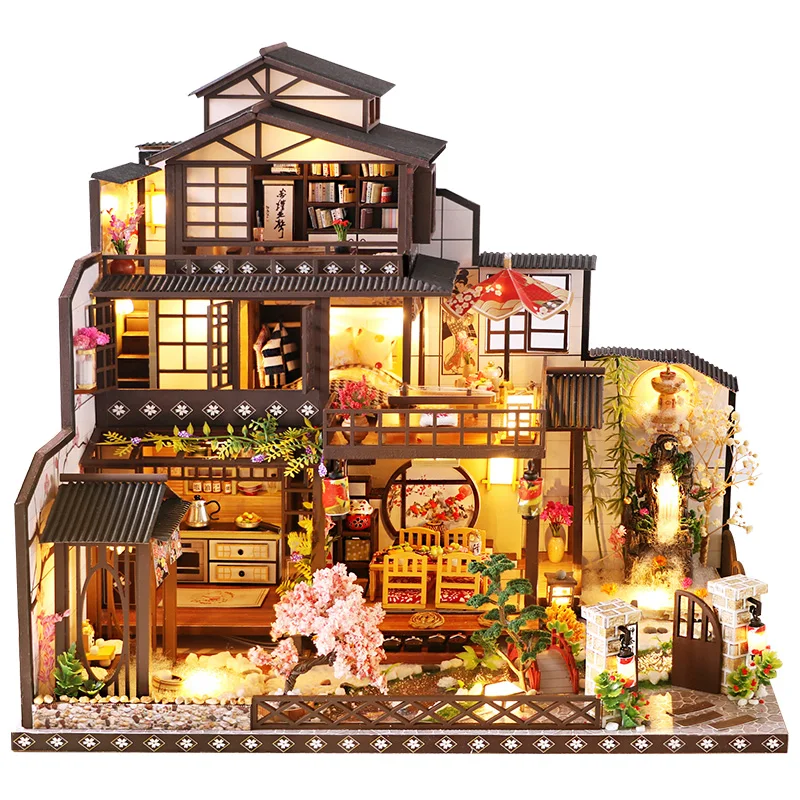 DIY Wooden Doll Houses Japanese Casa Miniature Building Kits with Furniture Led Large Villa Dollhouse for Adults Birthday Gifts