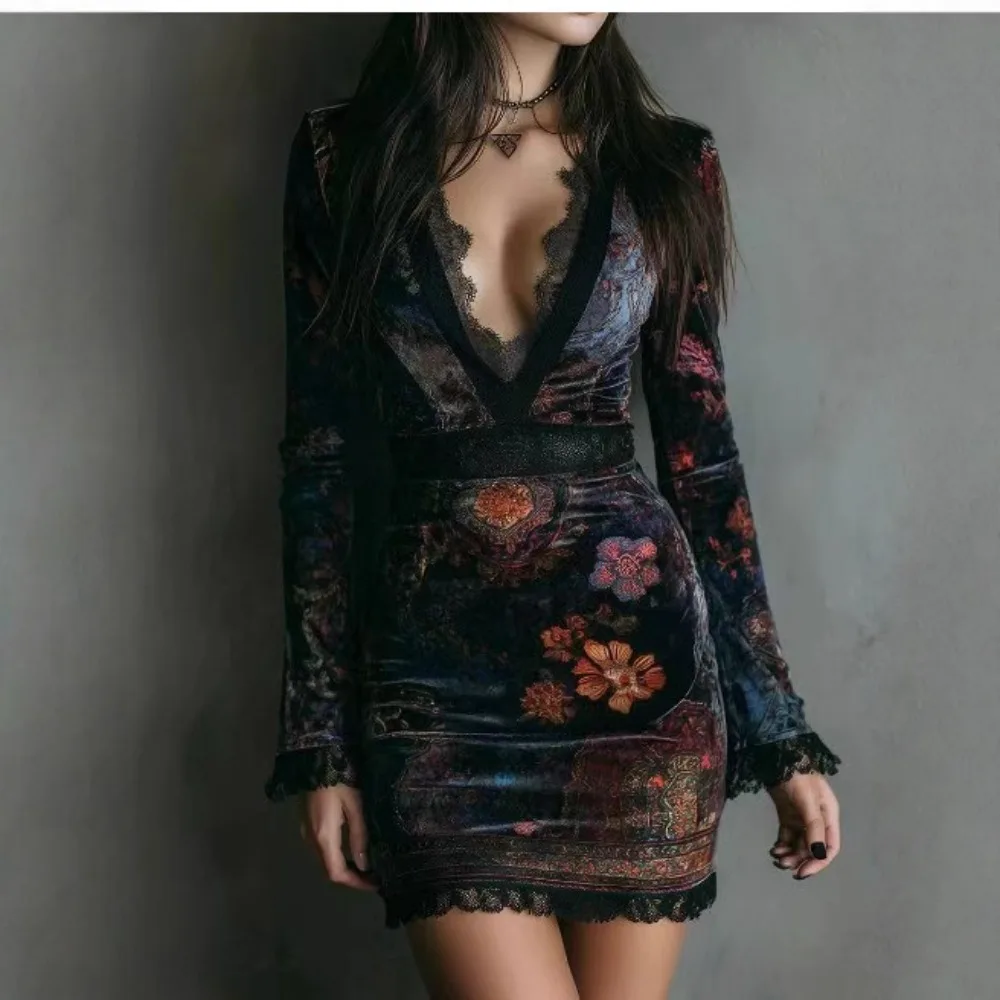 women's-sexy-velvet-floral-print-lace-v-neck-long-sleeve-mini-bodycon-dress-gothic-retro-patchwork-high-waist-short-casual-aw