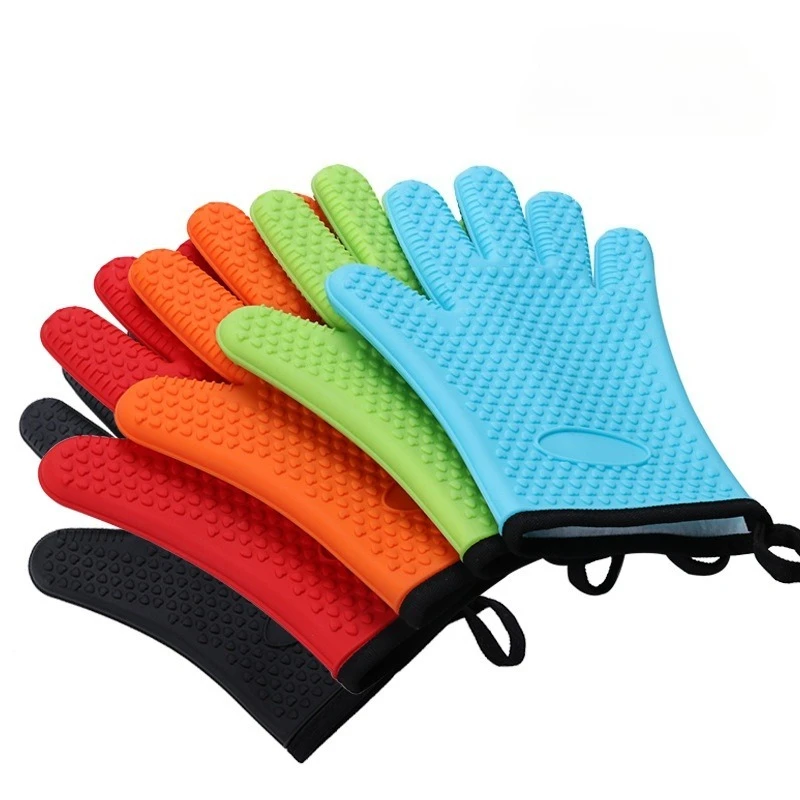 

Термостойкие перчатки для духовки, силиконовые хлопковые перчатки с пятью пальцами, нескользящая гибкая ручка для выпечки, гриля, барбекю, приготовления пищи, кухни