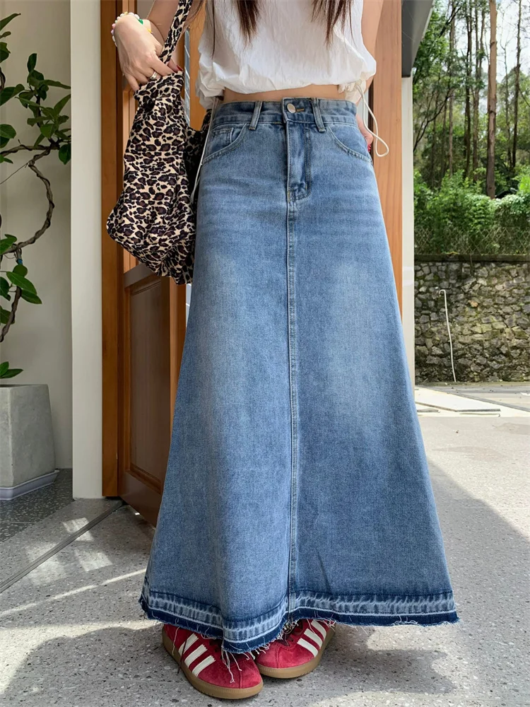 S-XL Blue Long Denim Skirts 2024 korean style Loose Vintage High Waist Tassel A Line Long Jeans Skirts Style (SA073