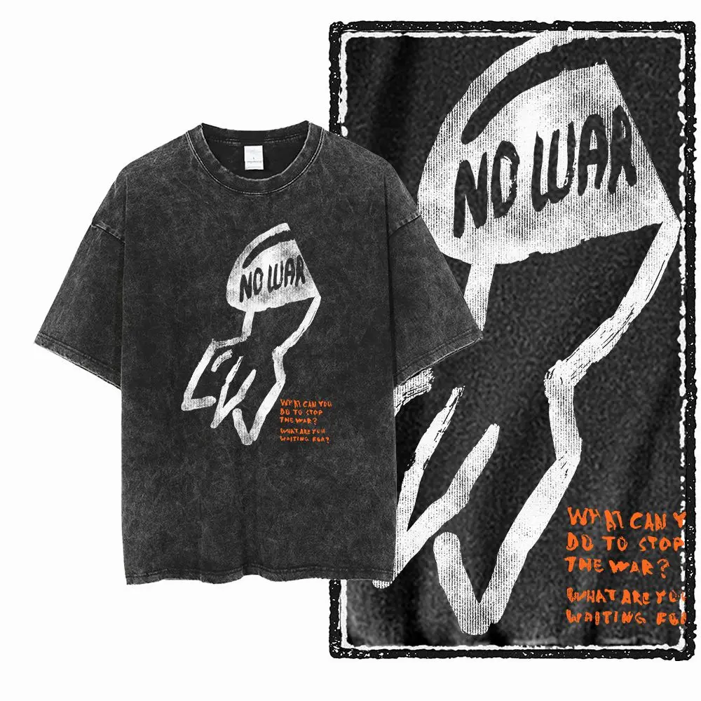 Cotton Washed Distressed Big Size Vintage Graphic t-shirt Men's Anti War T-Shirt Peace No War Graphic Print Cotto  Tee Shirt G81