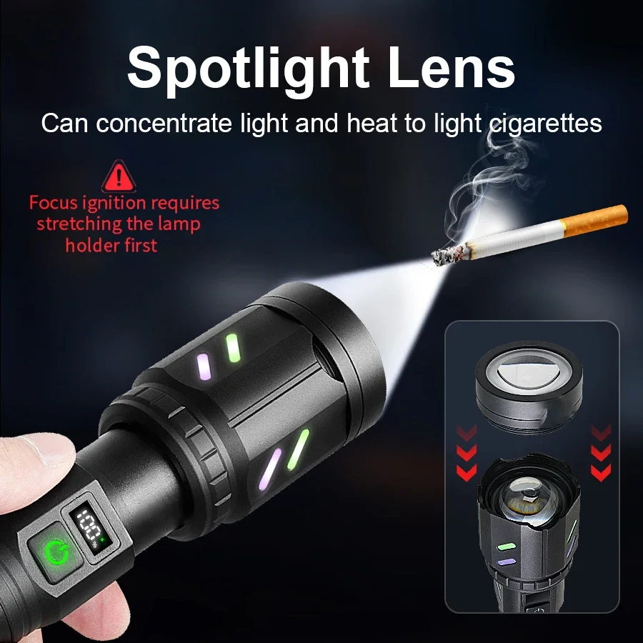 Super High Power LED Rechargeable Flashlight With 5 Modes Ultra Powerful Lamp Outdoor Lantern Camping Flashlights Can Make Fire