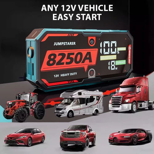 ポータブルカーバッテリージャンプスターターパック,12v 8250a,ジャンパーケーブル付き最大13lガスおよび16lデルエンジン用,pd65w,32000mahバッテリー