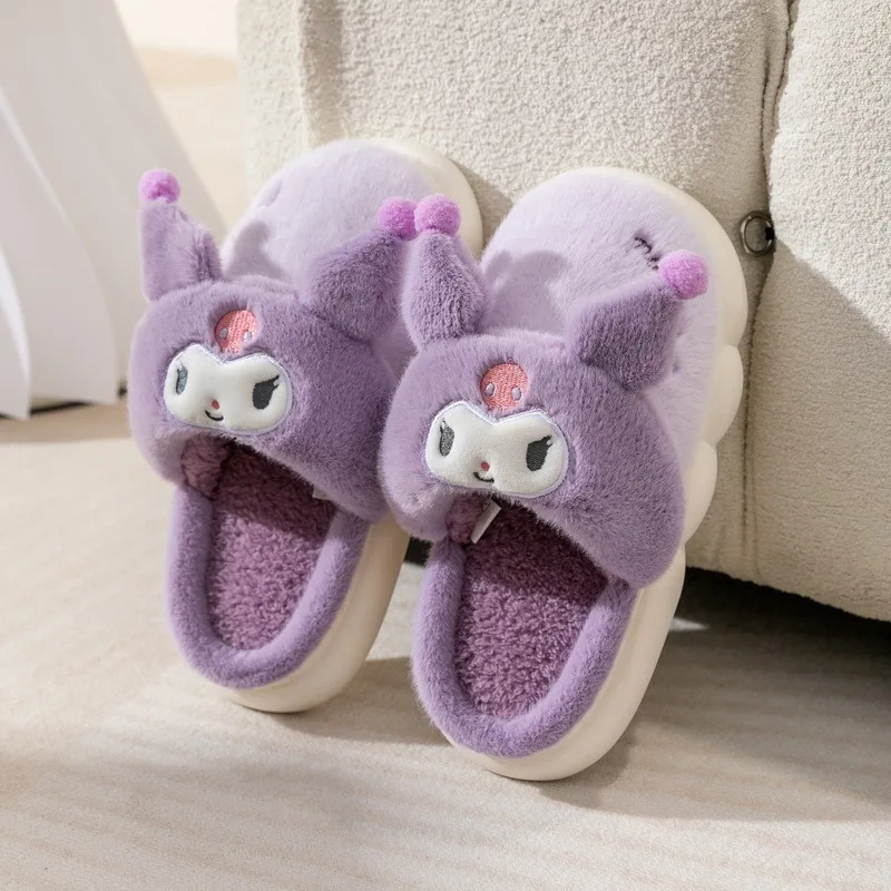 Soft Anti-slip Warm Winter Children\'s Slippers Girls Plush Floor Shoes Indoor Sock Shoes  Cute Kitty Kuromi Cotton Teen Slippers