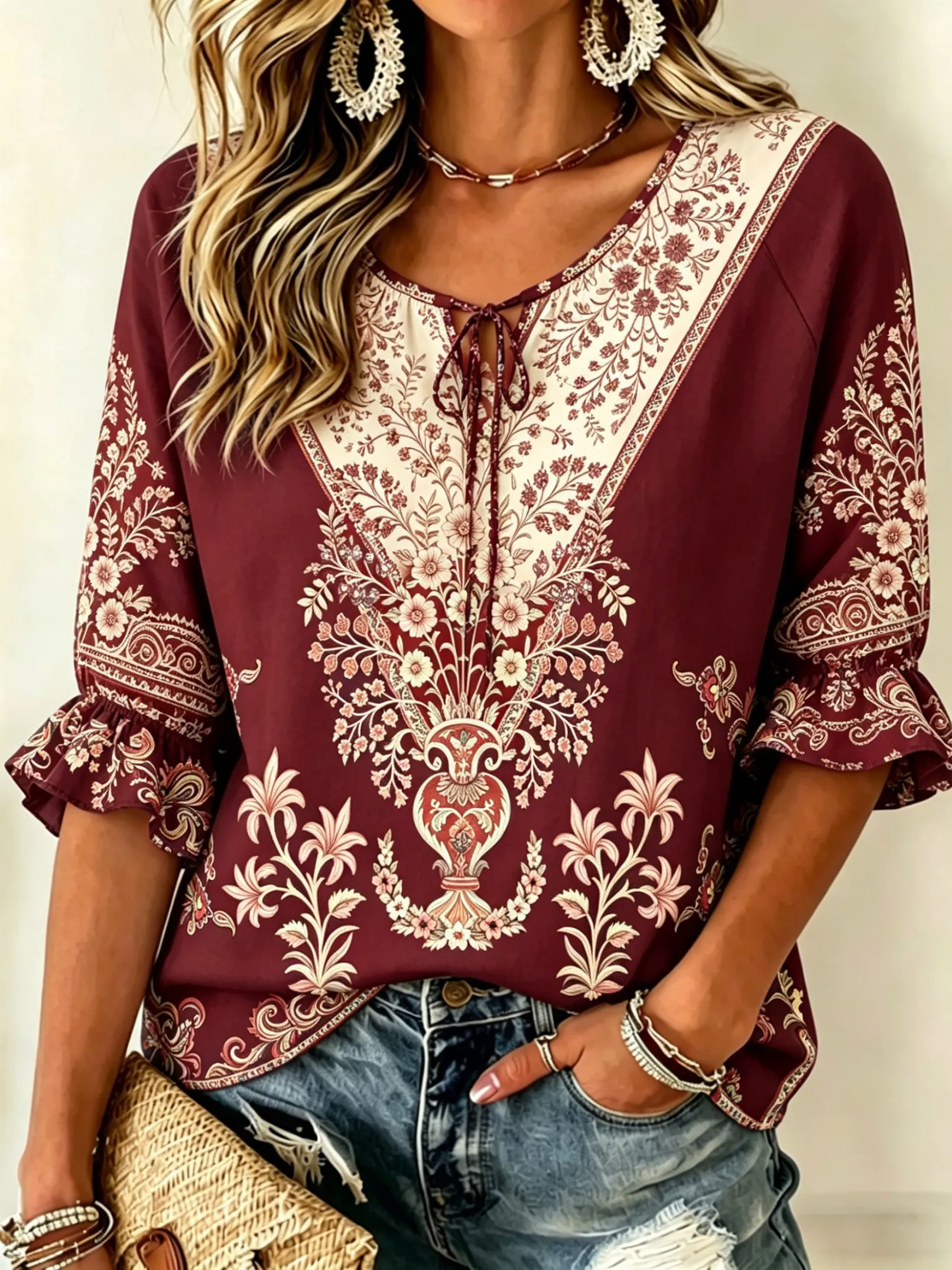 

Women's Burgundy Ornate Floral Print Tie Front Blouse, Casual Loose Top for Spring Summer Daily Wear