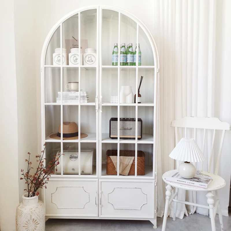 

French American Vintage Country Glass Open Door Cabinet, Meal Side Cabinet, Storage Cabinet, Display Bookcase, Storage Cabinet