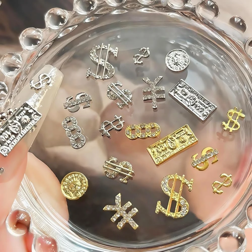 40 sztuk/opakowanie Ozdoby do paznokci w kształcie znaku dolara Srebrne Złote Pieniądze Metalowe Cyrkonie 3D Błyszczące Luksusowe Damskie Dziewczęce DIY Akrylowe Paznokcie