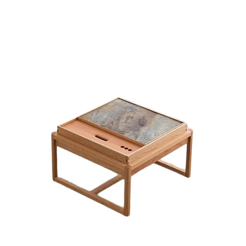 Household balcony small tea table combination red oak burning stone solid wood small coffee table bay window square tea table