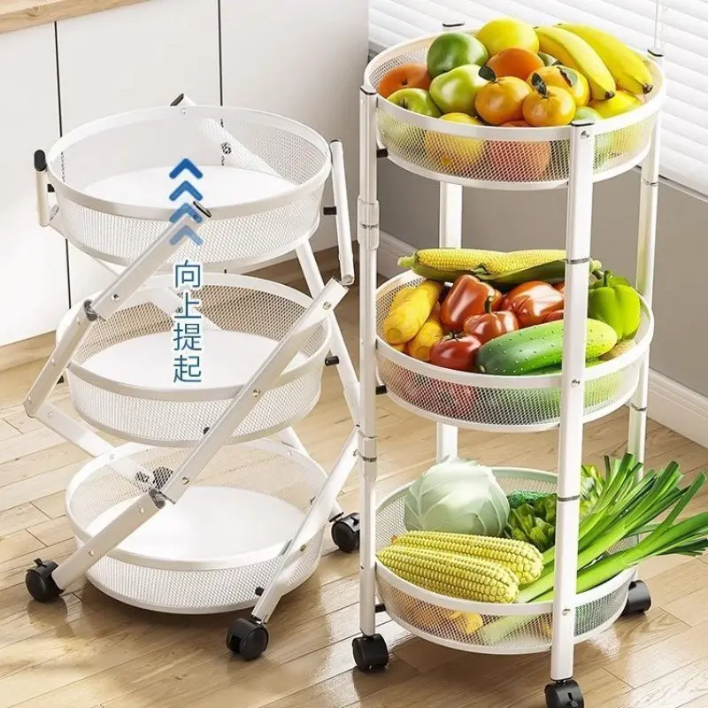 ‌Rotating Kitchen Shelf, Foldable Storage Rack, Mobile Fruit Basket, No-Tool Bathroom Organizer ,Space-Saving Multi-Tiered Stand