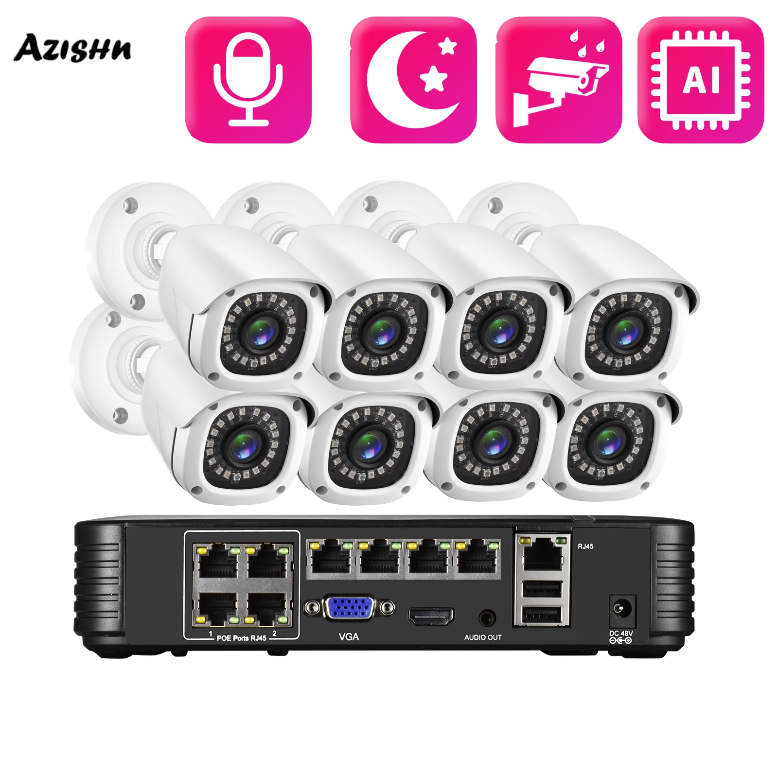 AZISHN 4K 8MP kit AI audio outdoor IP setting camera for home 4CH 8CH NVR security camera video monitoring XMeye application