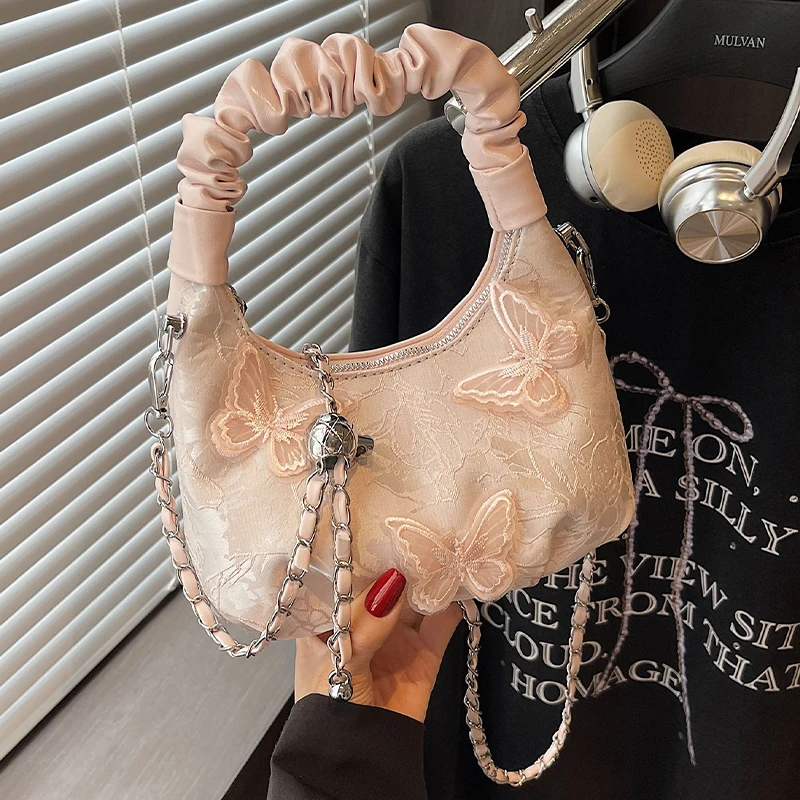 

Новая маленькая женская сумка в китайском стиле с бабочкой, новая летняя популярная универсальная сумка через плечо с морщинами и цепочкой, милая сумка на одно плечо