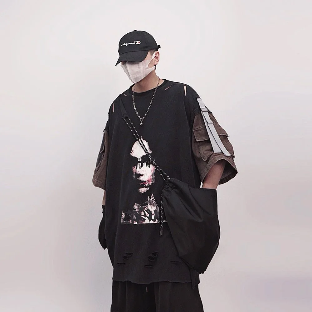 

ARENS Vintage Patchwork Sweatshirt Men‘s Fake two Washed Streetwear Loose Hoodie 2026 Hip Hop Harajuku Pullover Oversized Tops
