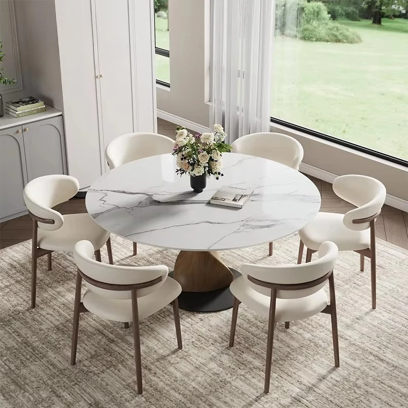 White Marble Round Dining Table with Twisted Wood Pedestal Base Black Metal Support Modern Luxury for Home Hotel Dining Table