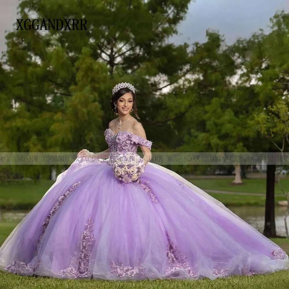 فستان كرة لافندر من Quinceanera مع زهور ثلاثية الأبعاد ، مزين بالخرز والدانتيل ، 16 فستان حلو أرجواني ، وصل حديثًا ، 15 عامًا ، ، ، ، ، ، ، ، ،