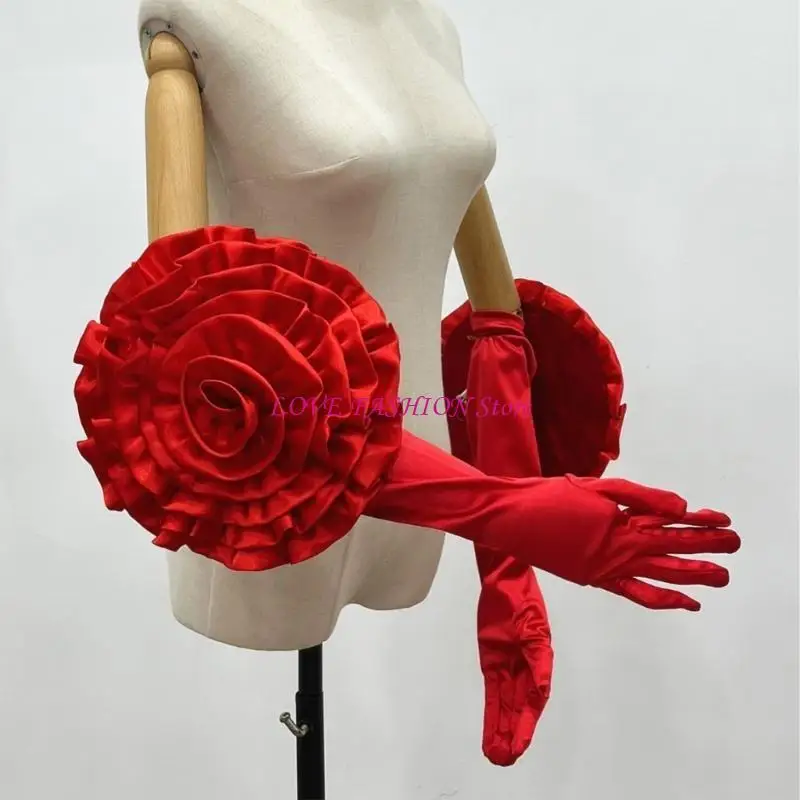 Satined Gloves Evening Galas Gloves with Large Flower Long Gloves Wedding Bride Gloves Formal Occasion Stage Props Gloves Y166