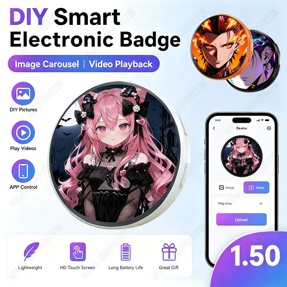 Anime Dynamic Electronic Badge Display Pin 1.50 In Touch Screen Anime E-Badge For Game Peripherals For Otaku Fans Friends M3
