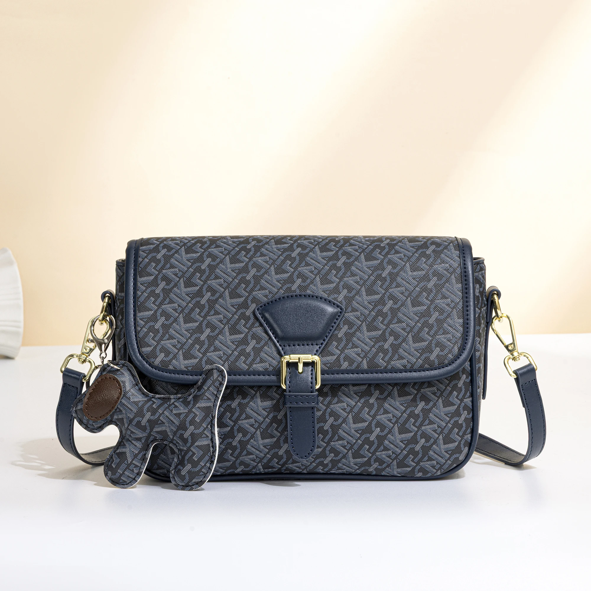 Vintage Floral Pattern Flap Messenger Bag for Women, Square Flap Saddle Crossbody Small Bag, Magnetic Snap Button with Matching Pattern Dog Pendant, Detachable Adjustable Leather Long Shoulder Strap, Multi-Compartment Commuter Shoulder Bag