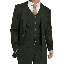 Terno masculino de negócios com lapela entalhada, tweed espinha, colete blazer e calça, elegante terno de 3 peças