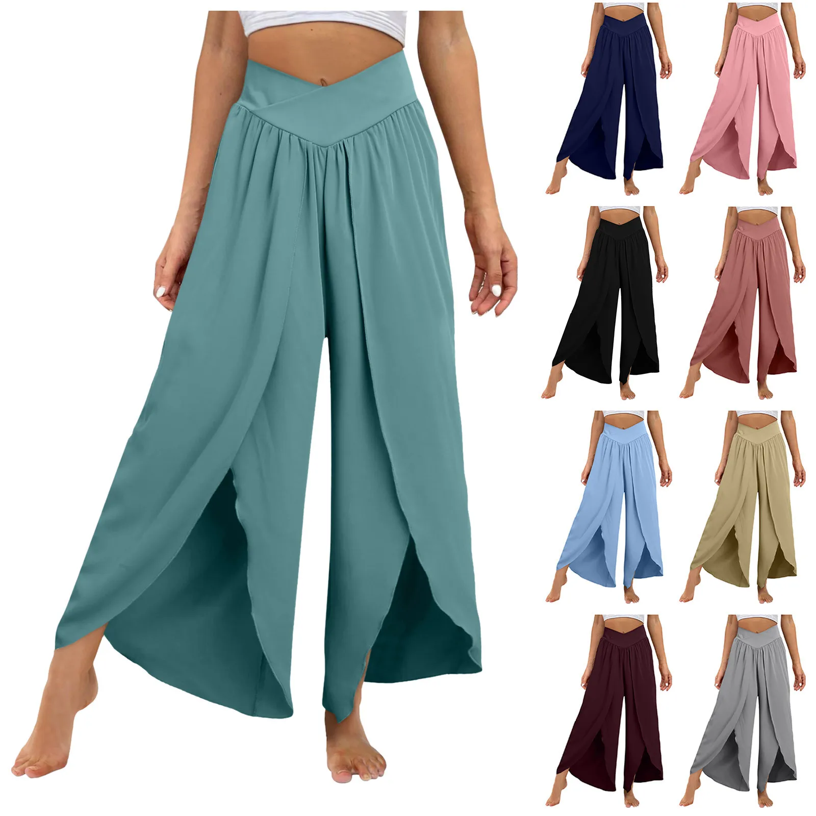 

Women Casual Style Flowy Split Wide Leg Pant High Waisteds Yoga Trousers Solid Color Breathable Bottom Wearing for Summer Daily