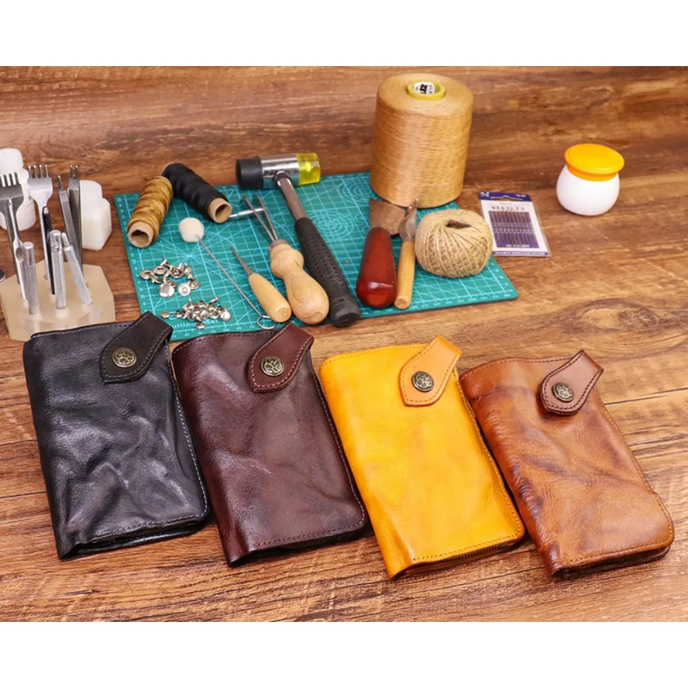 

Real leather short-style snap closure retro color-painted distressed pleated unique men's multi-pocket wallet