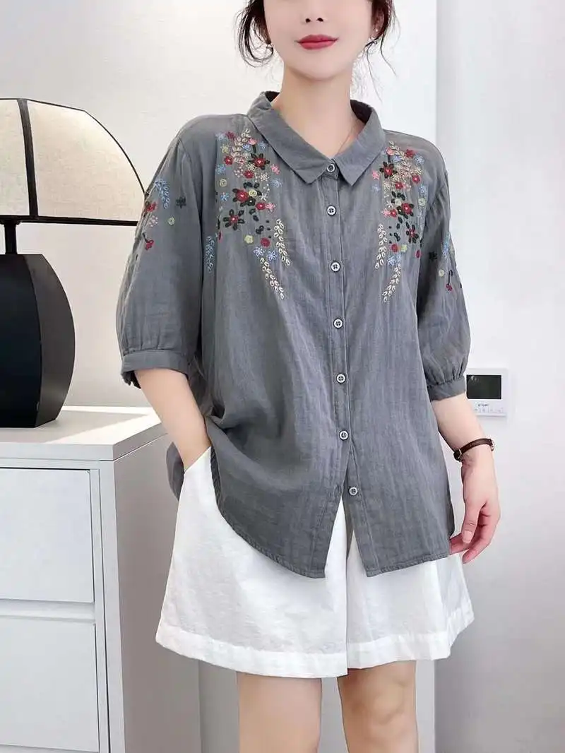 New Summer Cotton Half Sleeve Shirts Lapel Floral Embroidery Tops Mori Girl Retro Casual Loose Blouses 2024 Autumn T46973QM