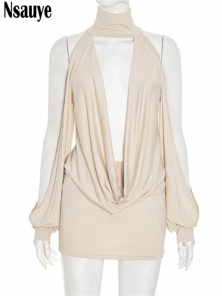 Nsauyeセクシーファッションミニホリデーホルターローカットアウトボディコンイブニングドレスパーティーナイトクラブ女性服ハイウエストドレス2025