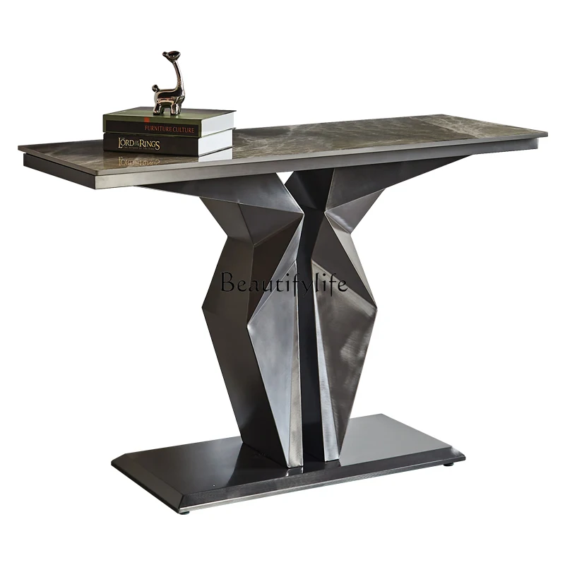 

*Light luxury entrance villa living room stainless steel against the wall Italian modern simple rock slab marble entrance table