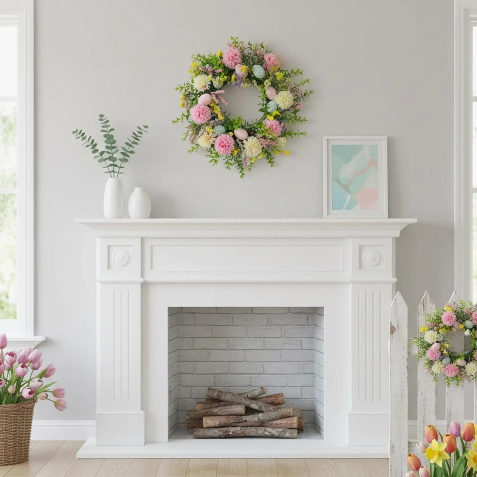 

Весенний венок с разноцветными яйцами и маргаритками, 15,75 дюймов, искусственный пасхальный/летний венок для дома, веранды, окна, стены, праздников, свадеб