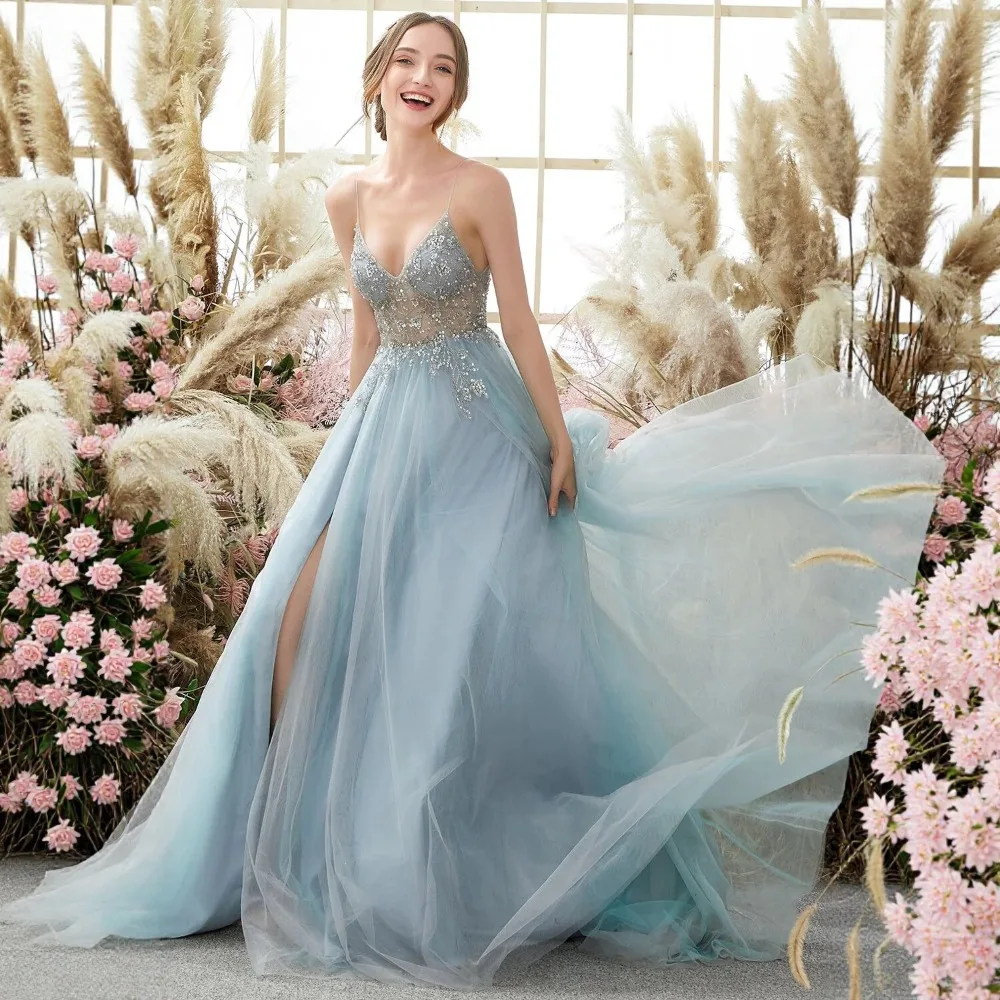 

Elegant Blue Tulle Prom Dress Women Spaghetti Strap Deep V Sequin Lace Split Floor Length Banquet Bridal Evening Formal Gowns