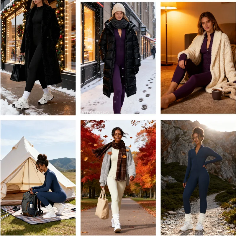 VITALINOVO Damen-Trainingsanzug mit Fleece-Futter, langärmlig, mit Reißverschluss, Yoga-Overall, Winter, warm, Thermo-Einteiler, figurbetonte Hose – Detail 1