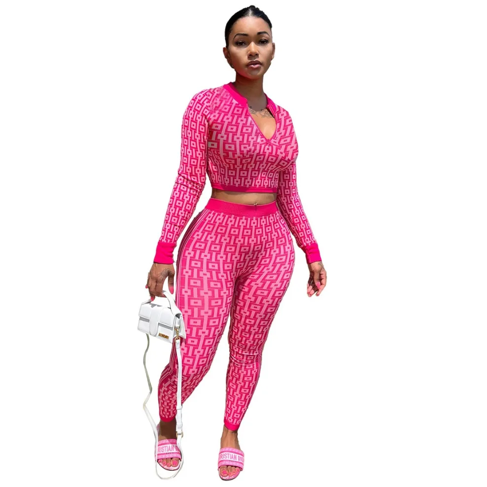 2 Pieces Women Two Piece Outfits 2024 Geometric Printed Crop Top Long Pants Sets Womans Tracksuits Suits Set