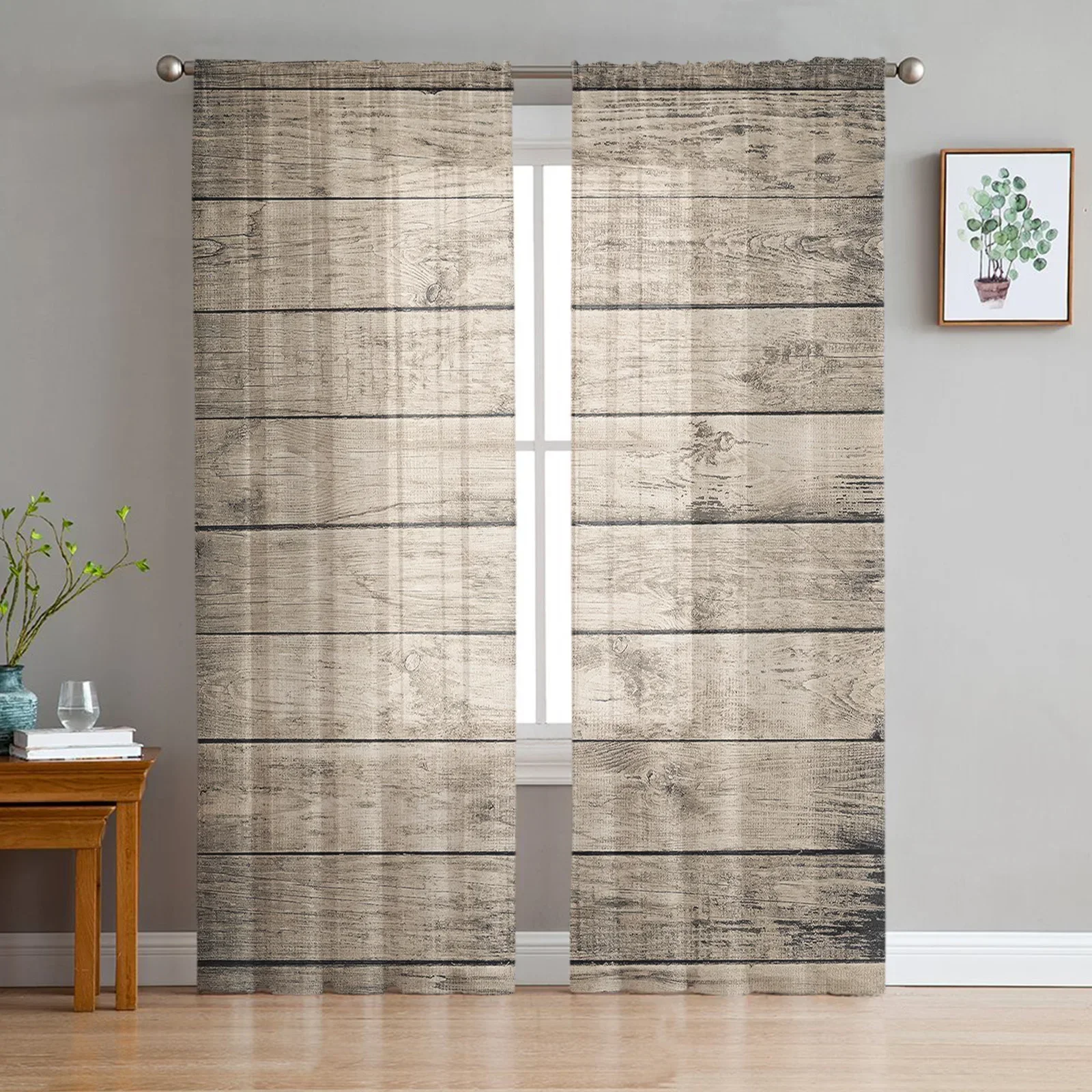 Wood Plank Texture Tulle Curtains for Living Room Printed Sheer Voile Curtain Bedroom Window Screening Drapes Blinds Home Decor