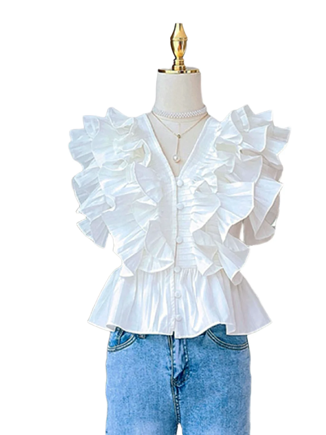 Bianco V-Ne Flounce Svel irt Donna Estate Fiocco di neve Bambola Dolce Top Coreano Sle Slim Fit Bottone Dettaglio Vita raccolta