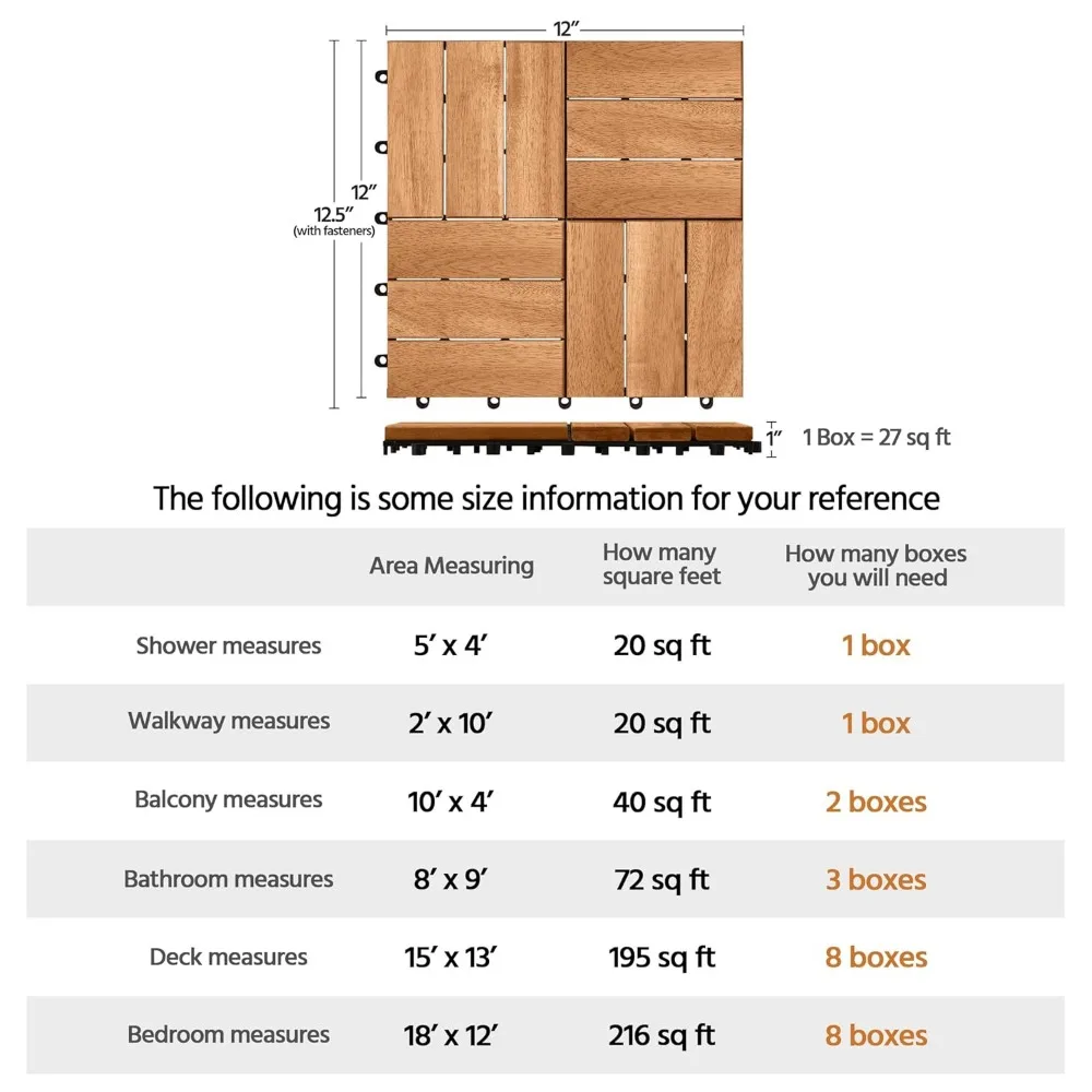 108 peças telhas de deck de pátio interligadas de madeira dura telhas de piso de madeira à prova d'água de acácia para pátio jardim piscina, 12 ''x 12''