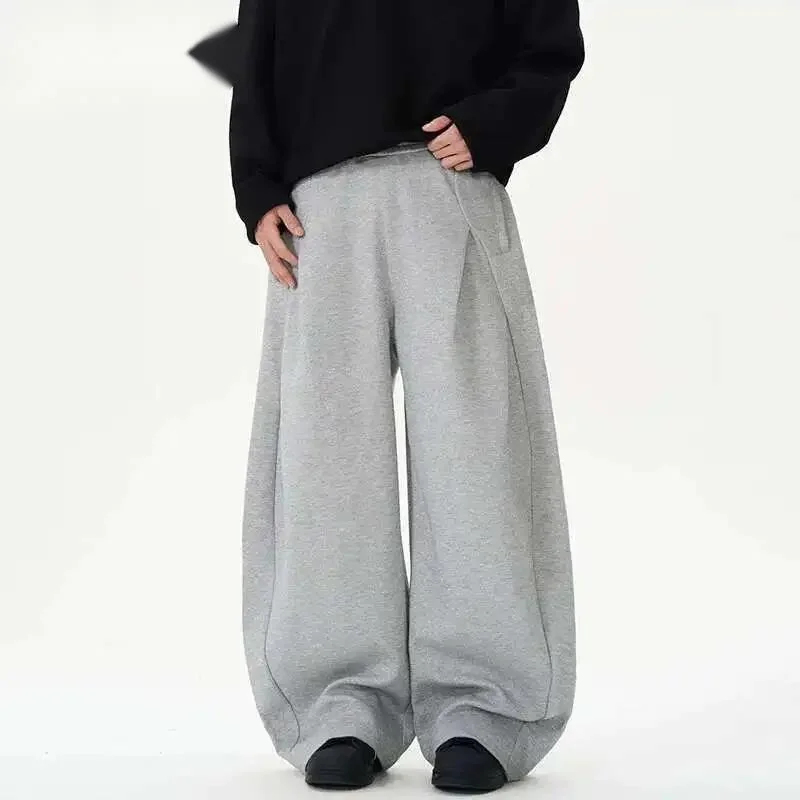 Pleated Design Men's Casual Pants Solid Color Elastic Waist Wide Leg Sweatpants Silhouette All-match Male Bottom New 9W9NWS