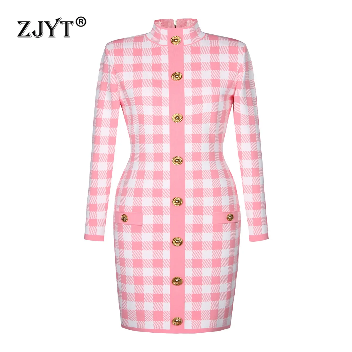 

ZJYT Runway Fashion Women Plaid Knitting Sweater Dresses Spring Vestidos 2025 Elegant Long Sleeve Stand Neck Casual Dress Pink