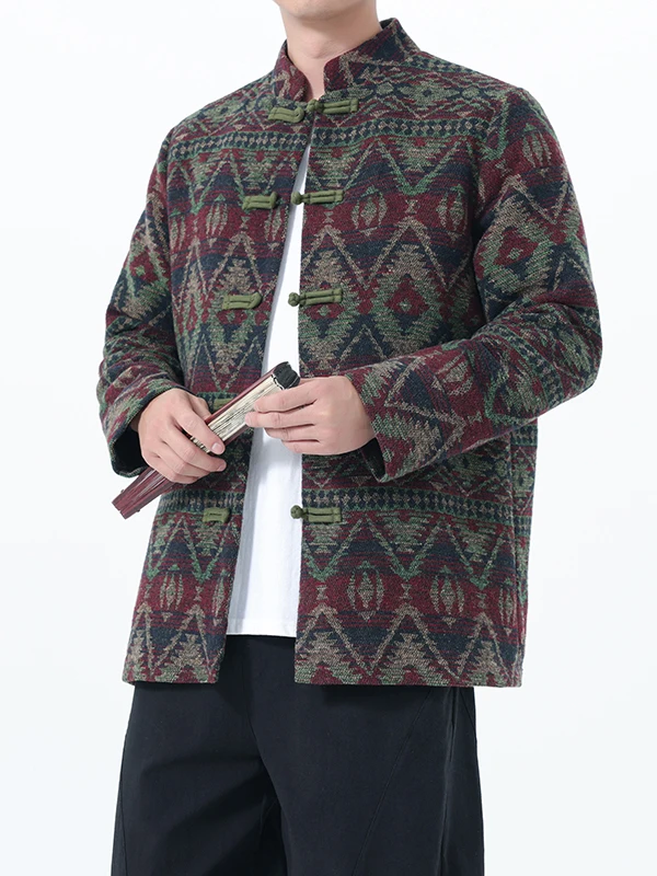 

New Chinese Sle Men's Woolen Jaet Autumn Season National Trend Retro Button Stand Collar Top Tang Hanfu Outerwear
