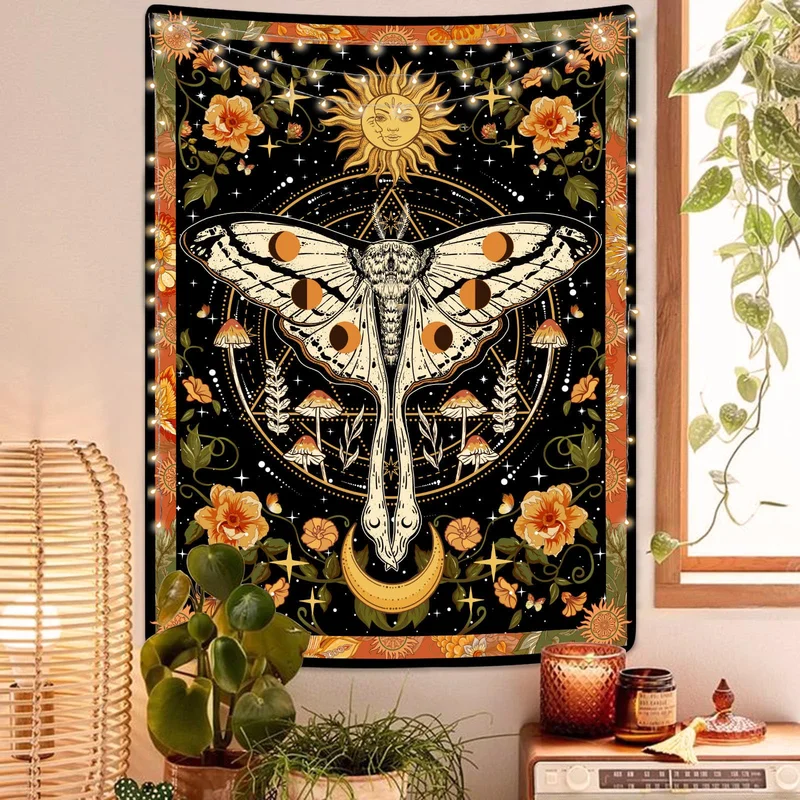 VIKAMA Boho Celestial Moth Tapestry Moon Phases Sun Mushroom Floral Wall Hanging Mystic Witchy Aesthetic Wall Art Room Decor