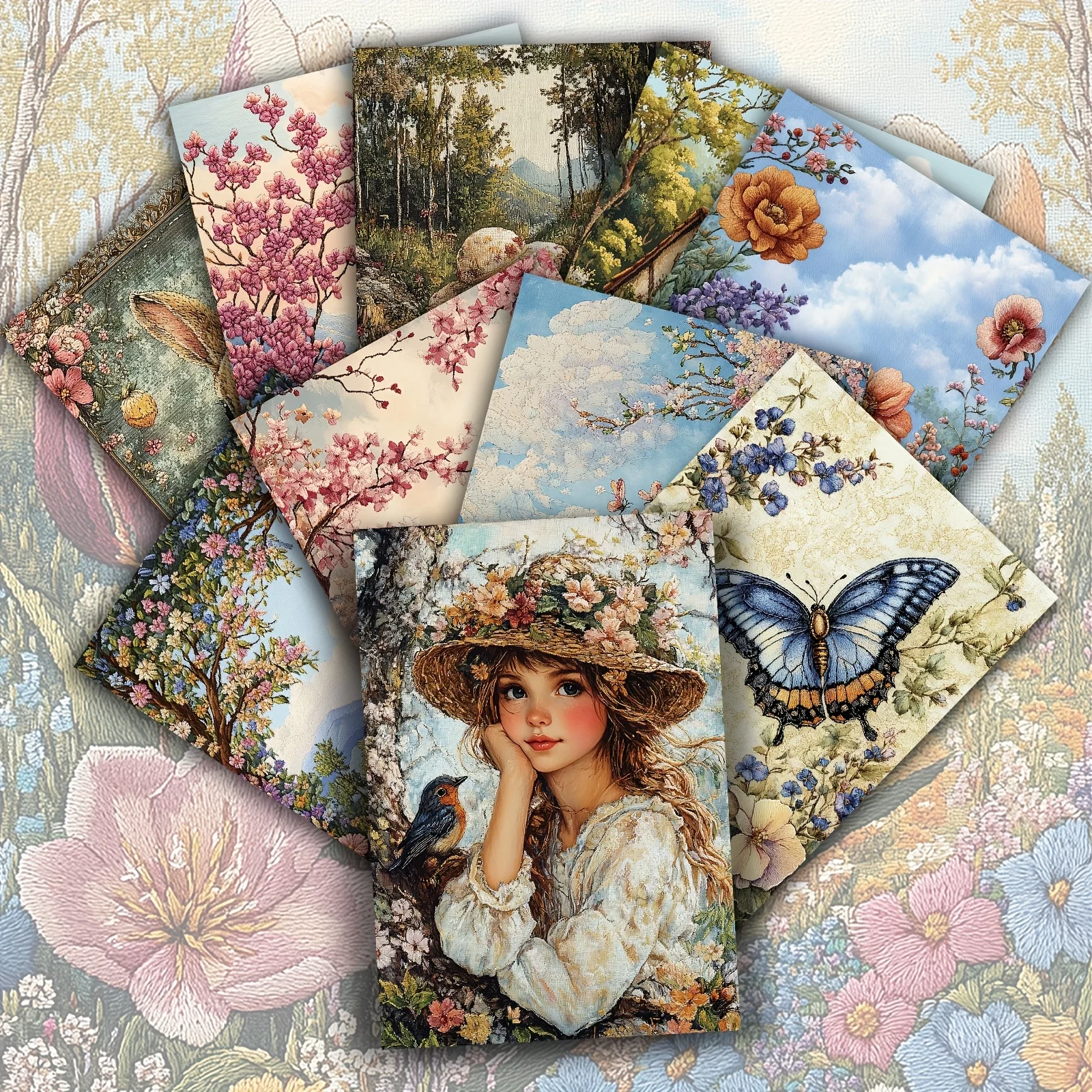 20PCS Retro Rabbit Tulip Basket Little Girl Postcards, Classic Illustrations, Collection Decorative Painting Cards