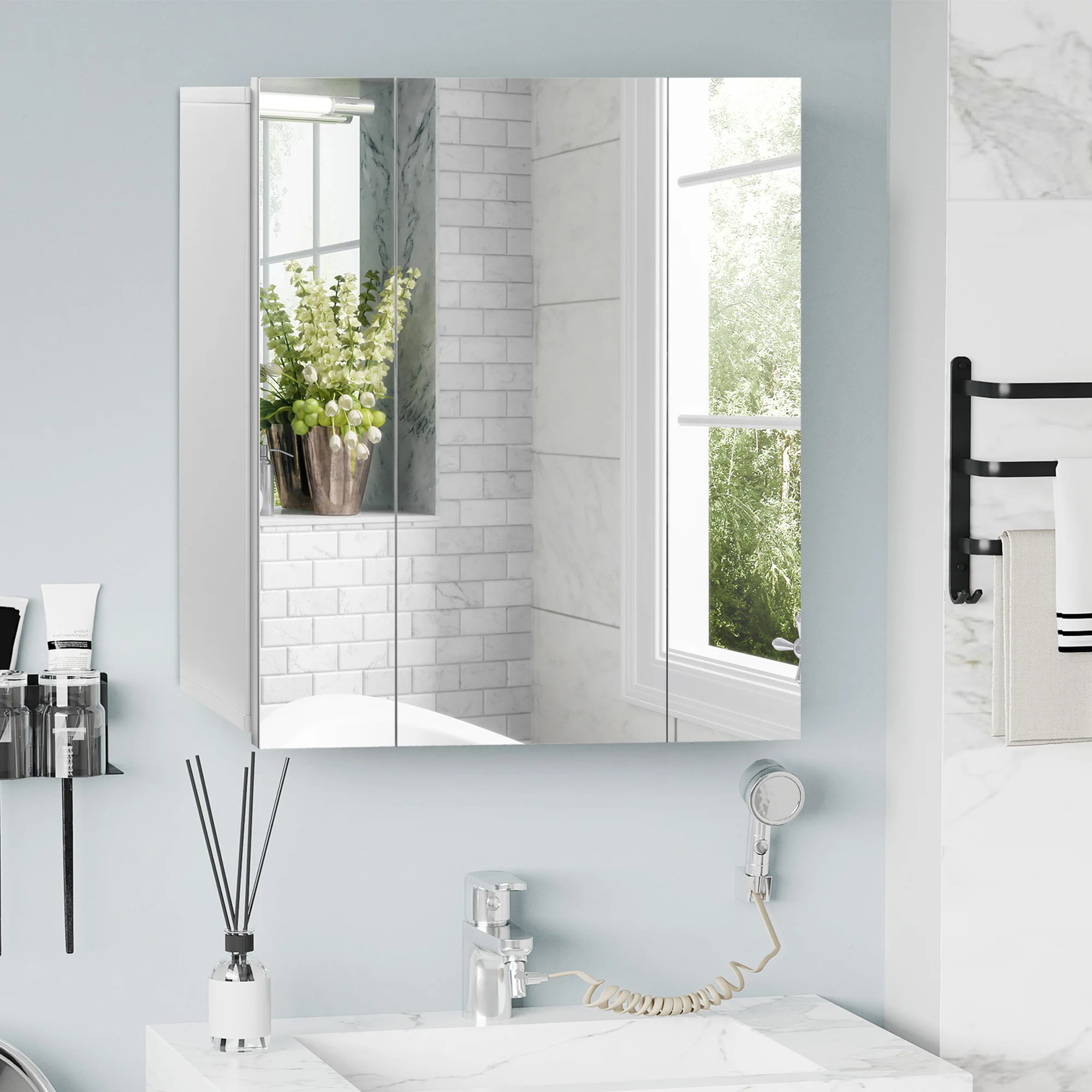 kleankin Bathroom Medicine Cabinet with Mirror, Wall Mounted Bathroom Mirror Cabinet with 3 Doors, Adjustable Shelves, White
