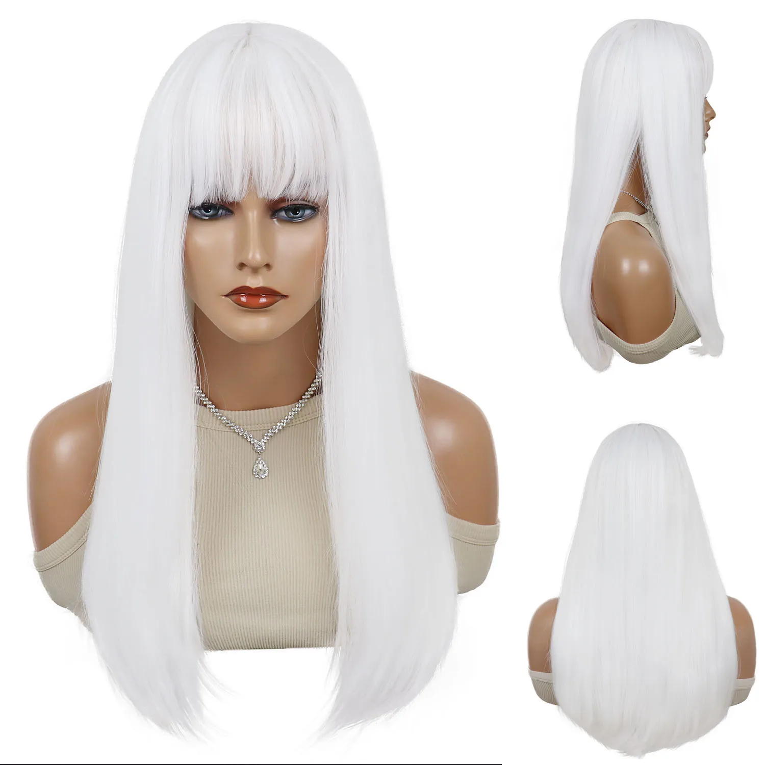 

White Color Wig with Bangs Synthetic 26 Inch Long Straight Wigs for Women Daily Cosplay Wig Female Drag Queen Halloween Costume