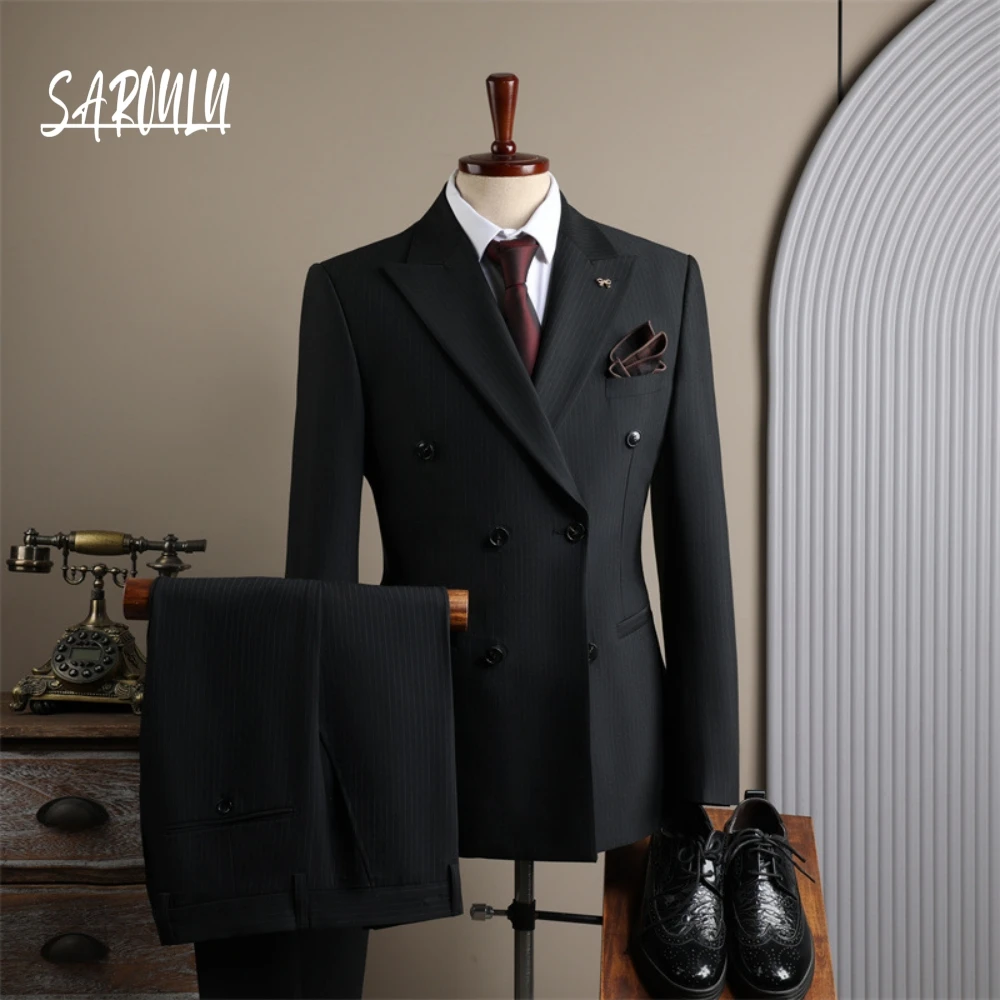 Slim 2-pieces Suit Set Blazer Pants Men's Outfit Double Breasted Groom Wear Handsome High Quality Tuxedo Formal Striped Set