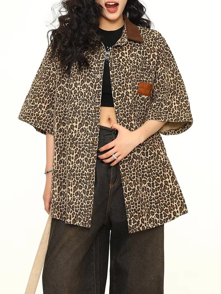 New Classic Single Breasted Loose Casual Women Shirts American Street Leopard Print Simple Fashion Contrast Color Female Shirts