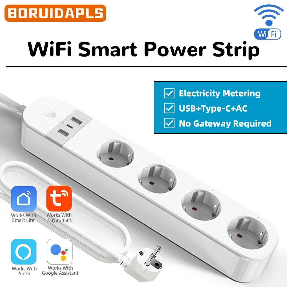 

BORUIDAPLS FR Plug Wi-Fi Smart Power Strip с USB и Type-C Голосовое/приложение/таймер Мониторинг энергии 3, переменный ток для Alexa/Google Home