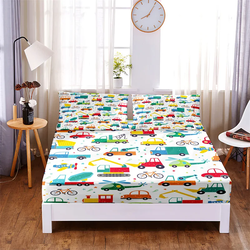 

Cartoon Car Bedding Set Fitted Sheet Set Bed Set Mattress Cover Four Corners Elastic Band Non Slip Bed Sheets and Pillowcases