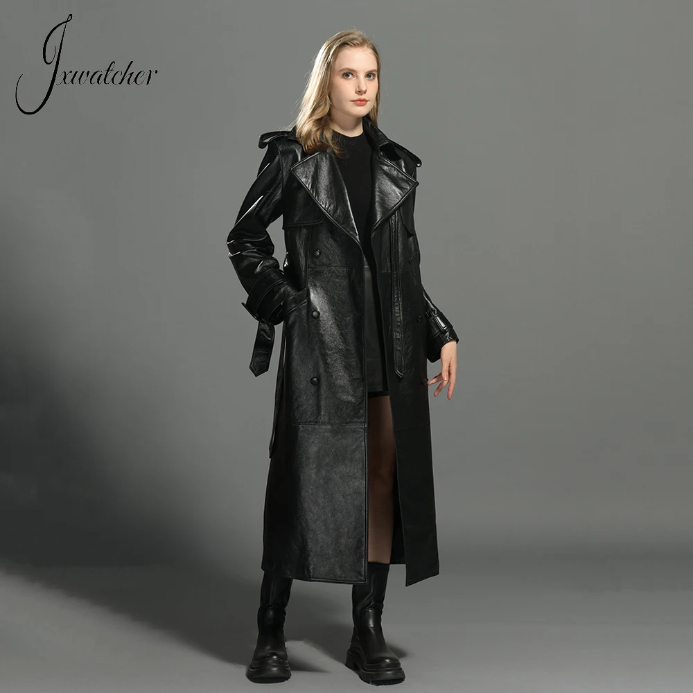 

Jxwatcher Sheepskin Coat for Women Fall Fashion High Quality Real Leather Long Jacket Ladies Black Genuine Leather Trench Coats