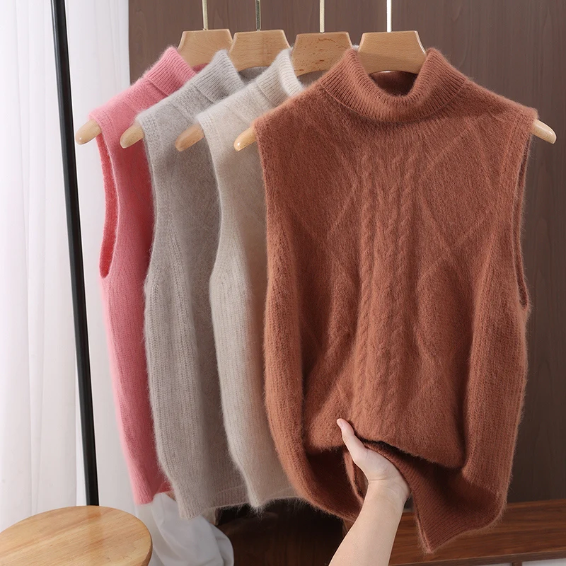New Women 100% Mink Cashmere Sweater Turtleneck Sleeveless Pullover Vest Autumn Winter Soft Warm Casual Mink Cashmere Knitwear