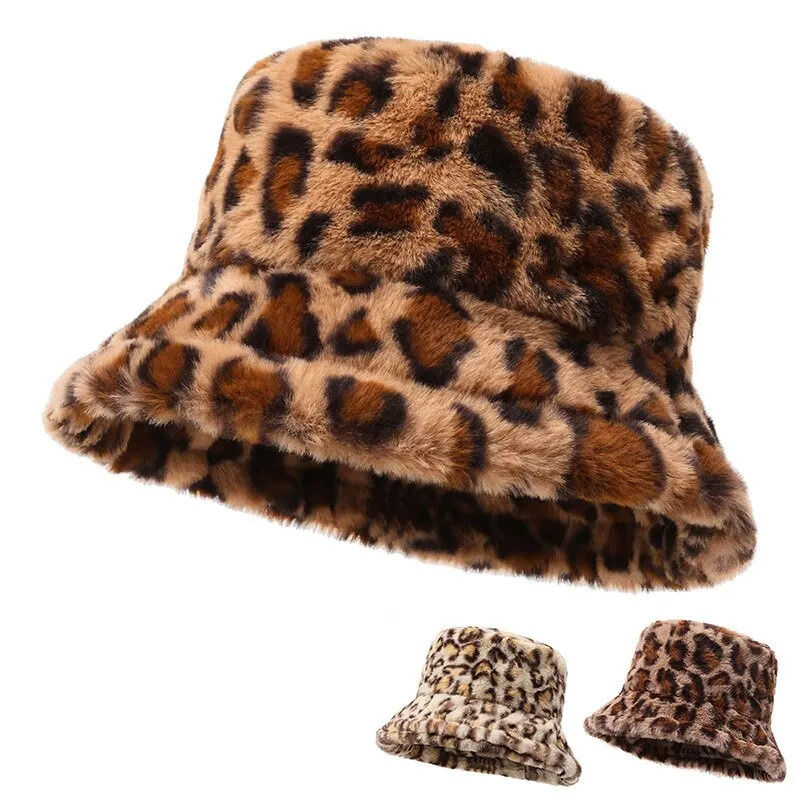 Hat Woman Winter Show Face Little Leopard Print Fisherman Hat Woman Versatile Warm Pot Hat Ins Plush Bucket Hat