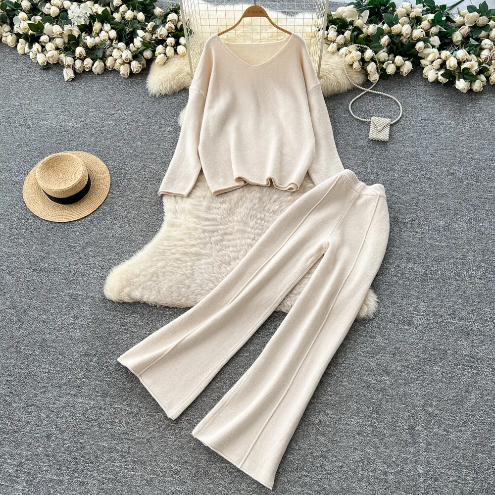 

Женские осенние базовые ленивые вязаные модные комплекты из двух предметов, уютная свободная домашняя одежда, топ с v-образным вырезом + широкие длинные брюки, однотонные повседневные теплые костюмы